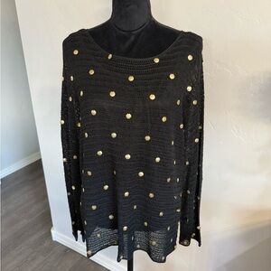 Victor Costa Black Mesh Top with Gold Coin Accents. Size L
